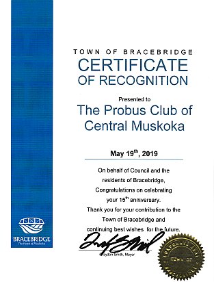 Certificate of Recognition from the town of Bracebridge